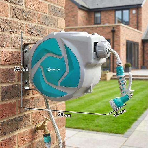 Manguera Retráctil de Pared con Carrete de 10+1 m con Retorno Enrollado Automático y Boquilla de 7 Funciones Gira 180° [9]