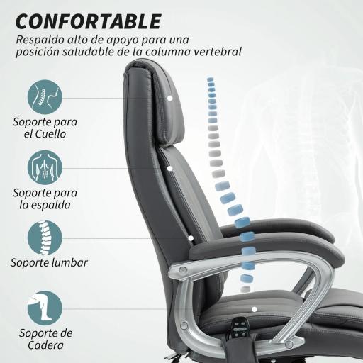 Silla de Oficina con Masaje Calor Lumbar Altura Ajustable e Inclinación Tapizada en Cuero Sintético 66x72x113-121cm Gris [4]