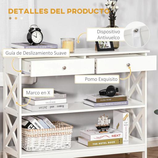 Mesa Consola de Entrada Recibidor con 2 Cajones y 2 Estantes Inferiores Mueble Moderno Base Elevada Antivuelco 100x30,5x80 cm Blanco [4]