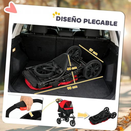 Carrito para Perros con 3 Ruedas Ventanas de Malla Cesta de Almacenaje y Correas de Seguridad 109,5x57,5x106,5 cm Rojo [3]