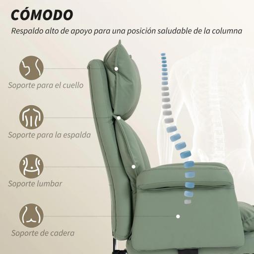 Silla de Escritorio con Reposapiés Respaldo Reclinable Alto Acolchado Grueso Tapizada en Cuero Sintético Ruedas Verde [4]