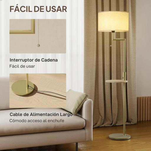 Lámpara de Pie Moderna con Estante Pantalla de Lino Interruptor de Cadena y Puerto USB Ø40x170 cm para Salón Dorado [3]