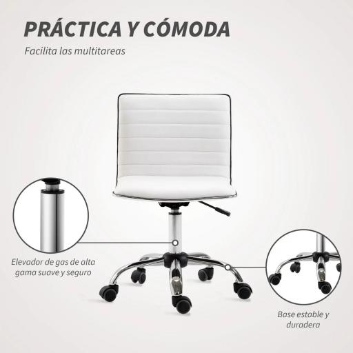Silla de Escritorio sin Brazos Giratoria con Altura Ajustable Silla para Estudio Tapizada en PU Carga 120 kg Blanco [4]