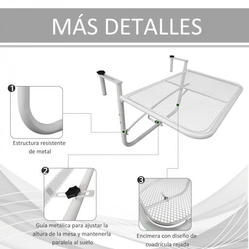 Mesa Colgante de Balcón con Brazo Regulable y Altura Ajustable en 3 Posiciones Marco Metálico 60x56x50 cm Blanco [1]