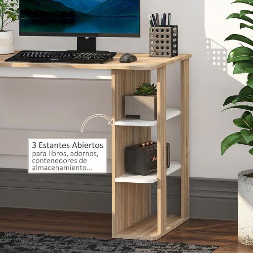 Mesa de Escritorio 2 en 1 con Estante de 3 Niveles Gran Superficie Espacio Almacenaje Amplio Mesa de Oficina Dormitorio Estudio 100x55x74 cm Madera [3]