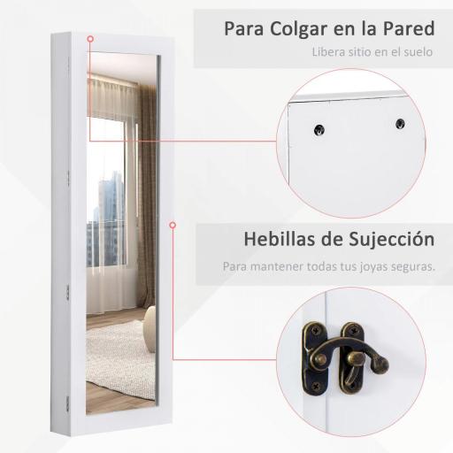 Espejo Joyero Colgante de Pared Armario de Joyería Organizador de Joyas con Ganchos y Ranuras para Collares para Dormitorio Salón 37x9,5x112 cm Blanco [6]