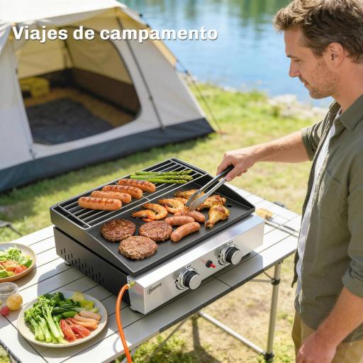 Barbacoa de Gas con 2 Quemadores 5 kW Barbacoa Portátil con Plancha Rejilla Calentadora y Recogedor Grasa Negro [7]