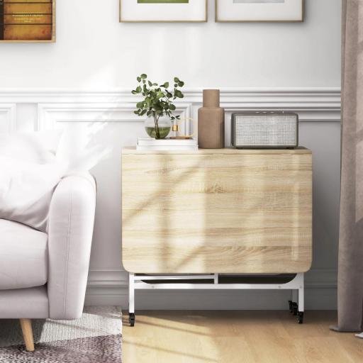 Mesa de Cocina Plegable con Ruedas Alas Abatibles y Estante Mesa Plegable para Salón 130x80x74 cm Madera Natural [6]