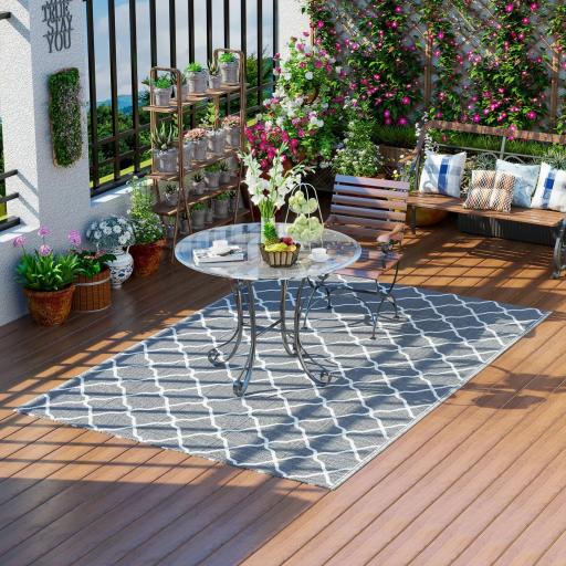 Alfombra Exterior Reversible 182x274 cm de Plástico Impermeable para Terraza Patio Camping Playa Gris y Blanco [6]