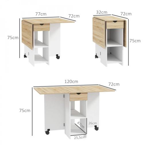 Mesa de Cocina Plegable con Ruedas Alas Abatibles Cajón y Estantes para 2-4 Personas 120x72x75 cm Roble y Blanco [1]