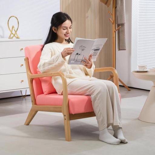 Butaca Nórdica Sillón de Salón Acolchado con Reposabrazos Cojín y Marco de Madera de Caucho 61x78x76 cm Rosa [5]