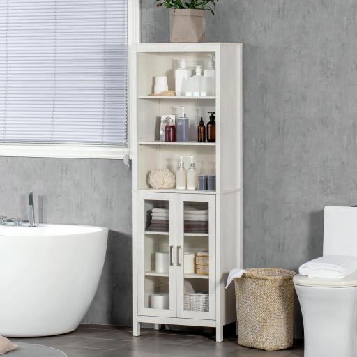 Columna de Baño con 2 Puertas de Vidrio y 3 Estantes Mueble Auxiliar de Estilo Moderno 53x30x162 cm Blanco