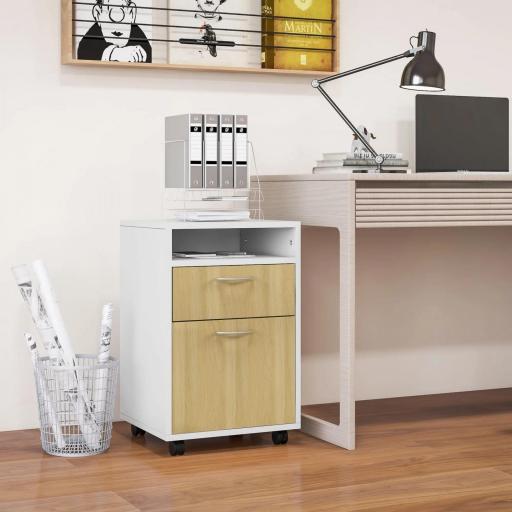 Cajonera de Oficina Móvil con Cajón y Armario con Ruedas Soporte de Impresora para Estudio 40x35x60 cm Blanco y Natural