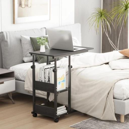 Mesa Auxiliar con Ruedas 80x40 cm Mesa para Sofá en Forma de C con Altura Ajustable 3 Niveles de 72-82 cm Marco de Metal para Salón Cocina Negro