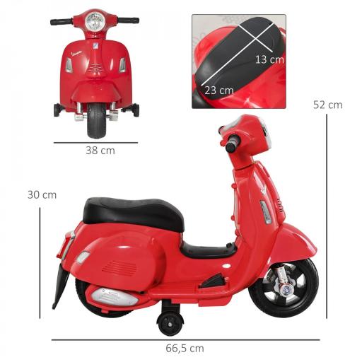 Moto Eléctrica Vespa para Niños de 18-36 Meses Moto de Batería 6V con Faro Bocina y 4 Ruedas Motocicleta Infantil con Licencia 66,5x38x52 cm Rojo [4]