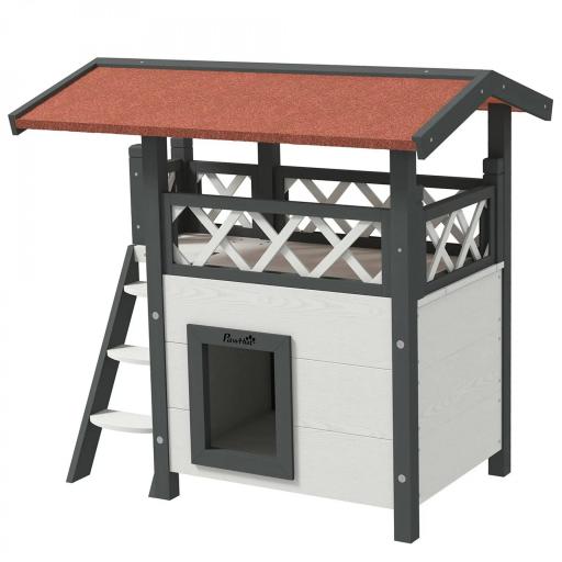 Caseta para Gatos de 2 Niveles 77x50x73 cm Refugio para Gatos con Techo Asfáltico Escalera y Balcón para Exterior Blanco [10]