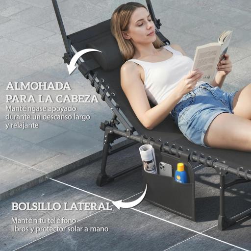 Set de 2 Tumbonas Plegables con Reposacabezas Parasol Bolsillo Lateral y Respaldo Reclinable en 5 Posiciones Negro [7]