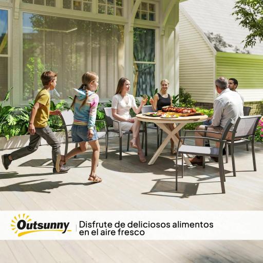 Mesa de Jardín Redonda de Ø118x74cm con Encimera de Lamas Estructura de Aluminio y Patas Cruzadas Teca y Blanco [6]