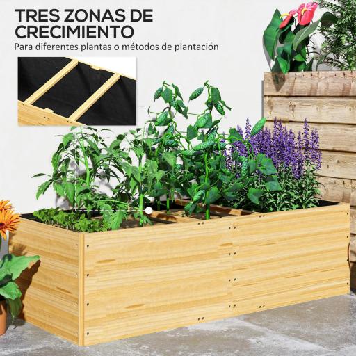 Jardinera de Madera con 3 Zonas de Cultivo y Forro Ideal para Verduras Hierbas y Flores 140x60x40cm Natural [3]