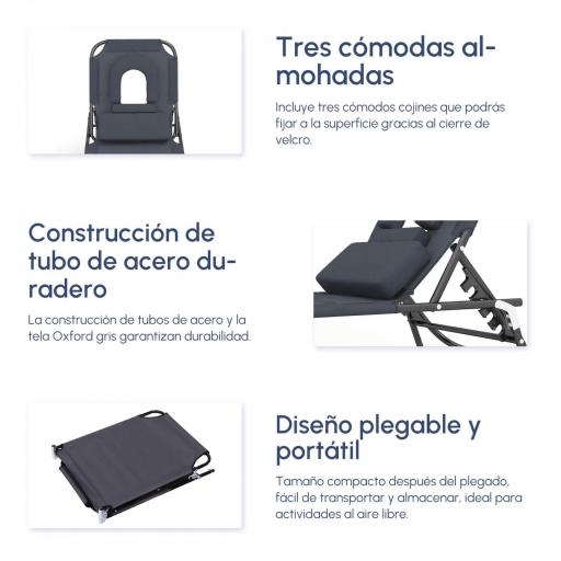 Tumbona Plegable con Respaldo Regulable en 4 Posiciones Tumbona de Jardín con Almohada Marco de Acero y Tela Oxford para Camping Playa Terraza Carga 120 kg 190x56x28 cm Gris [4]