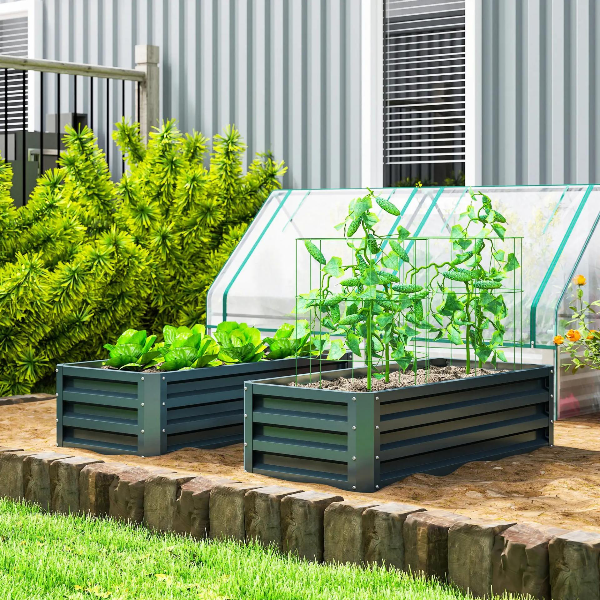 Juego de 2 Jardineras Exterior Grandes de Acero Galvanizado Huertos Urbanos para Terraza Jardín 110x50x30 cm Verde