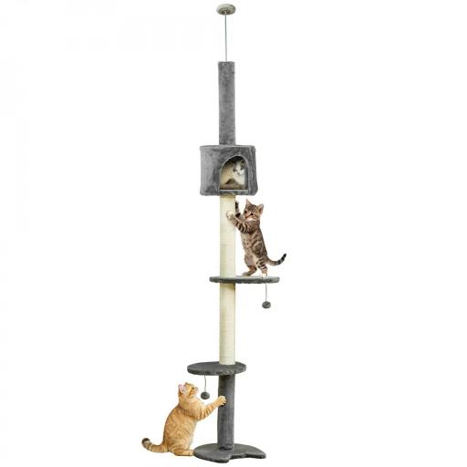 Árbol Rascador para Gatos Rascador para Fijar al Techo Altura 255 cm con Plataformas Cueva Postes de Sisal Bolas Colgantes Gris Claro [8]