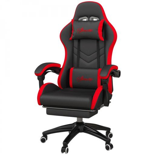 Silla Gaming de Cuero Sintético Reclinable 135° Reposacabezas y Reposapiés 65x65x121-129cm Negro y Rojo [8]