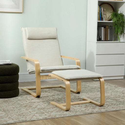 Sillón con Reposapiés Sillón Lectura con Respaldo Alto Reposacabezas Extraíble Patas de Madera y Tapizado en Lino Crema [2]