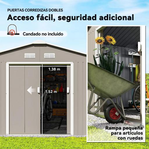 Cobertizo de Jardín 12,4 m² 340x386x200 cm con 2 Puertas Corredizas Base Refuerzo (Suelo NO Incluido) Gris Claro [3]