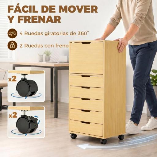 Cajonera de Oficina con 5 Cajones Ruedas y Armario con Cierre Suave Soporte para Impresora Natural [6]