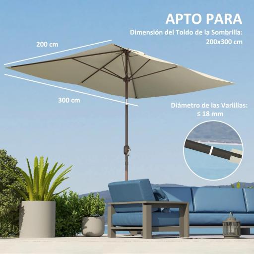 Toldo de Recambio de Sombrilla de 3x2 m Toldo de Repuesto para Sombrilla con Ventilación Superior Anti-UV 50+ Beige [3]