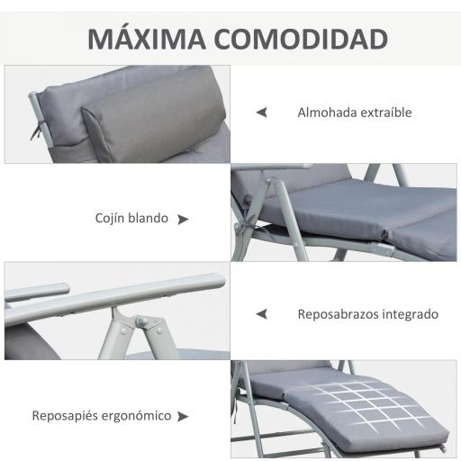 Tumbona Plegable de Jardín con Respaldo Ajustable en 7 Posiciones Cojín Cuerpo Entero y Cabeza 137x63,5x100,5 cm Gris [2]