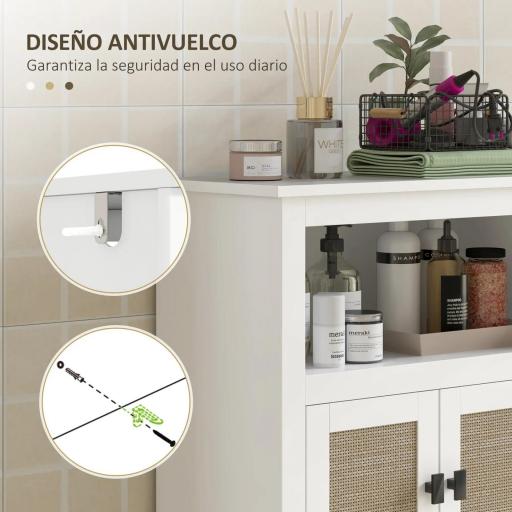 Mueble Auxiliar de Baño con 2 Puertas con Frontal de Ratán Estante Ajustable y Compartimento Abierto 60x30x90 cm Blanco [4]