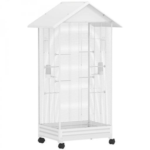  Jaula para Pájaros con Ruedas 79x65x155 cm Jaula Grande con 2 Comederos 8 Perchas y Bandeja Extraíble Blanco [7]