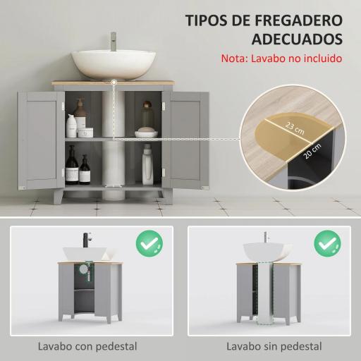 Mueble para Debajo del Lavabo Armario Bajo con 2 Puertas y Estante Ajustable Estilo Moderno 60x30x60 cm Gris [2]