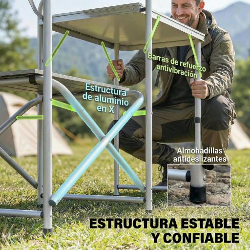 Mueble de Cocina para Camping Plegable con 3 Mesas 4 Ganchos Poste de Luz y Bolsa de Transporte 172x48x130 cm Verde [6]
