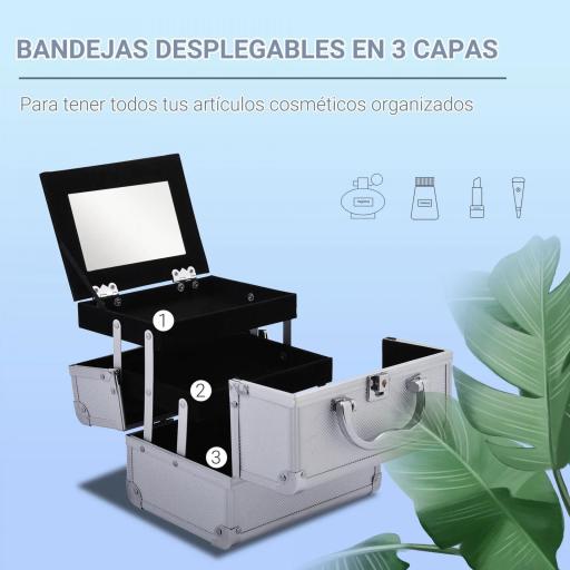 Maletín Maquillaje Profesional Estuche de Cosmético Portátil con Bandejas de 3 Niveles y Espejo 2 Llaves para Joyero Manicura Viaje 20x15x15 cm Plateado [4]