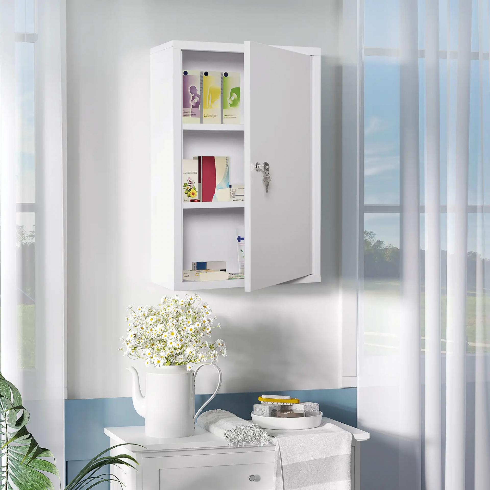 Botiquín de Pared de Metal con 3 Estantes y Cierre con Llave Armario de Medicamentos 40x18x60 cm Blanco