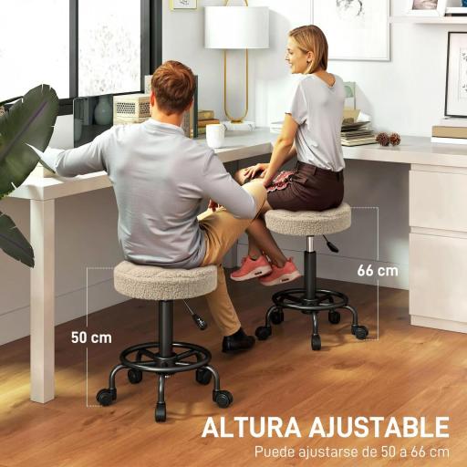 Taburete Giratorio Redondo Taburete con Ruedas Altura Regulable 50-66 cm Asiento Tapizado en Tejido de Borreguito Marrón [6]