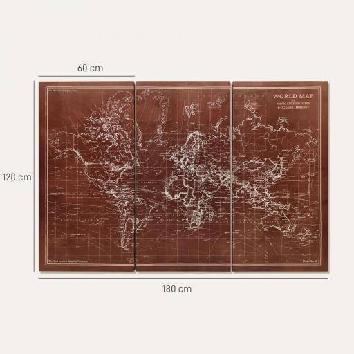 Cuadros en Lienzo Trípticos Mapamundi Vintage a Mano 120x60 cm con Marco de Madera Decoración para Dormitorio Marrón [3]