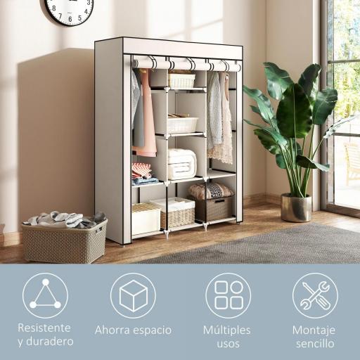Armario de Tela Plegable Ropero Portátil con 8 Estantes y 2 Barras de Colgar para Dormitorio 125x43x162,5 cm Crema [6]