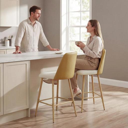 Juego de Taburetes Altos de Cocina con Respaldo y Reposapiés Tapizados de Lino y PU Marco de Acero Marrón [3]