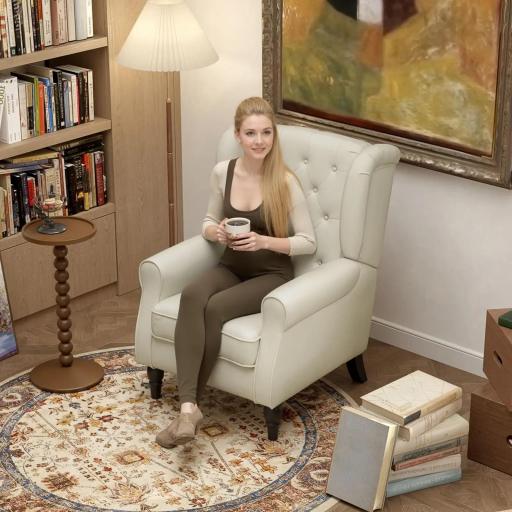 Sillón de Salón con Reposacabezas y Patas de Madera Butaca Carga 160 kg para Dormitorio Oficina Sala de Estar Crema [7]