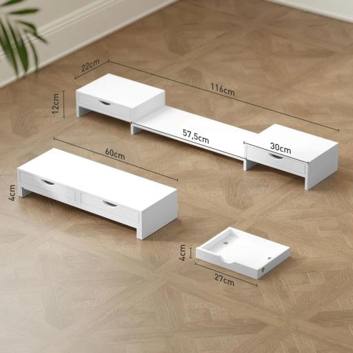 Elevador Monitor Ángulo y Longitud Ajustable con 2 Cajones para Portátil Computadora PC 60-116x22x12 cm Blanco [1]