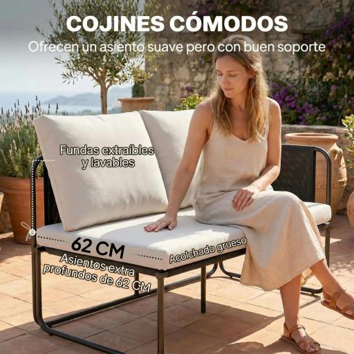 Conjunto Jardín Exterior de 4 Piezas con 2 Sofás 2 Plazas 2 Mesas de Vidrio Cojines Fundas Extraíbles y Bolsillos Caqui [5]