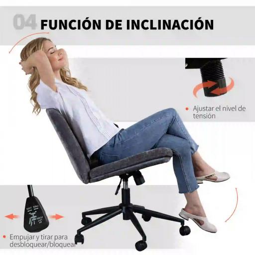 Silla de Oficina con Asiento Ancho sin Reposabrazos Ruedas Altura Ajustable Giratoria Función Basculante Gris [3]