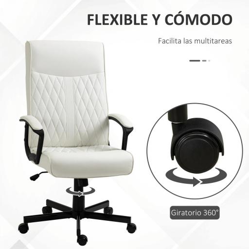 Silla de Oficina con Respaldo Alto Altura Ajustable y Función de Inclinación 65x65x102-112,5 cm Blanco Roto [2]
