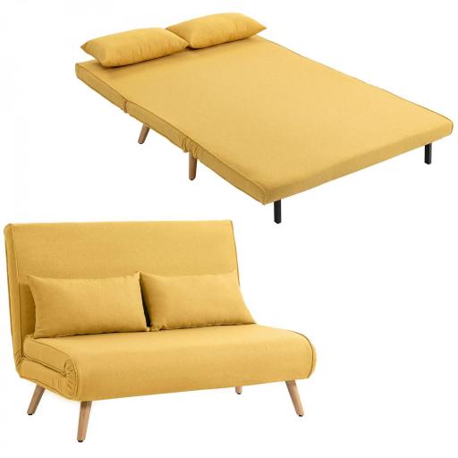 Sofá Cama de 2 Plazas Plegable Sofá Cama Tapizado en Lino con Respaldo Ajustable 5 Posiciones 2 Almohadas Amarillo [9]
