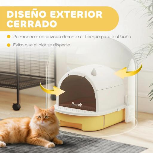 Arenero Cerrado para Gatos con Bandeja Extraíble Filtro de Carbono Pala y Asa Superior 40,5x52x39 cm Amarillo y Blanco [2]
