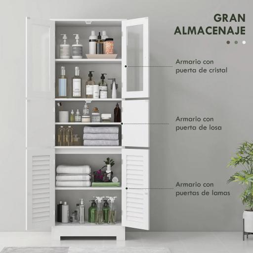 Mueble Auxiliar de Baño con 6 Puertas Estantes Ajustables Antivuelco Armario de Baño Moderno 60x30x170,5 cm Blanco [5]